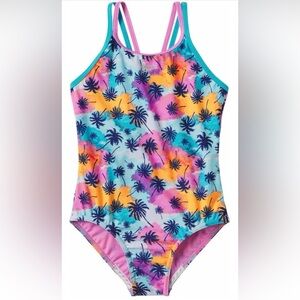 Girls Kids Speedo One Piece Blue Pink Purple Palm Tree Swimsuit Wear Size XL